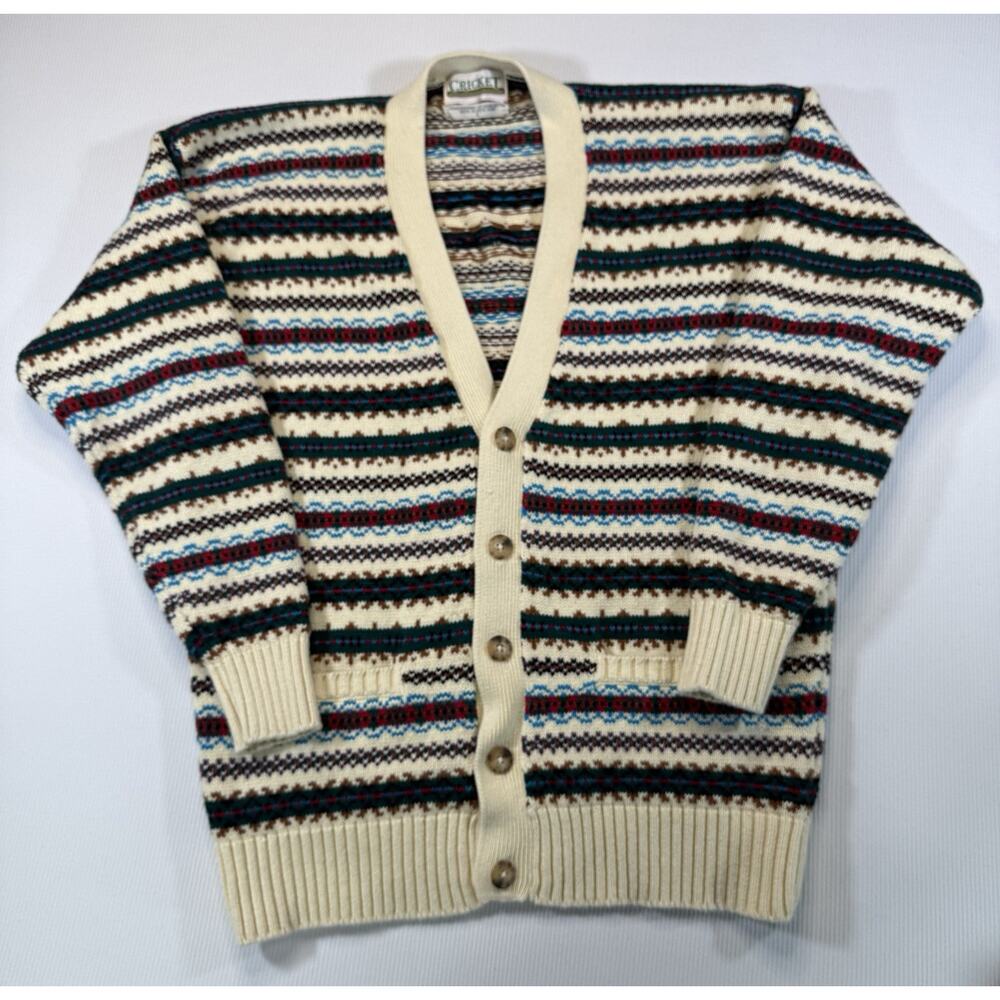 Vintage Cricket Cardigan L Fair Isle Cotton Made Hong Kong
